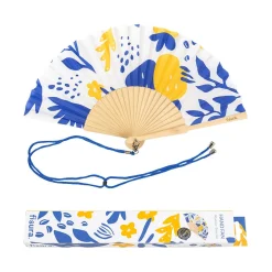 Abanico "flores" azul y amarillo