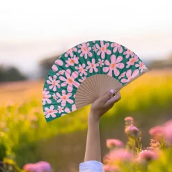 Abanico “Flores” rosa y verde