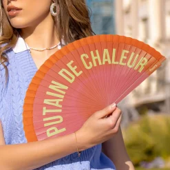 Abanico pintado "Putain de chaleur" degradado naranja