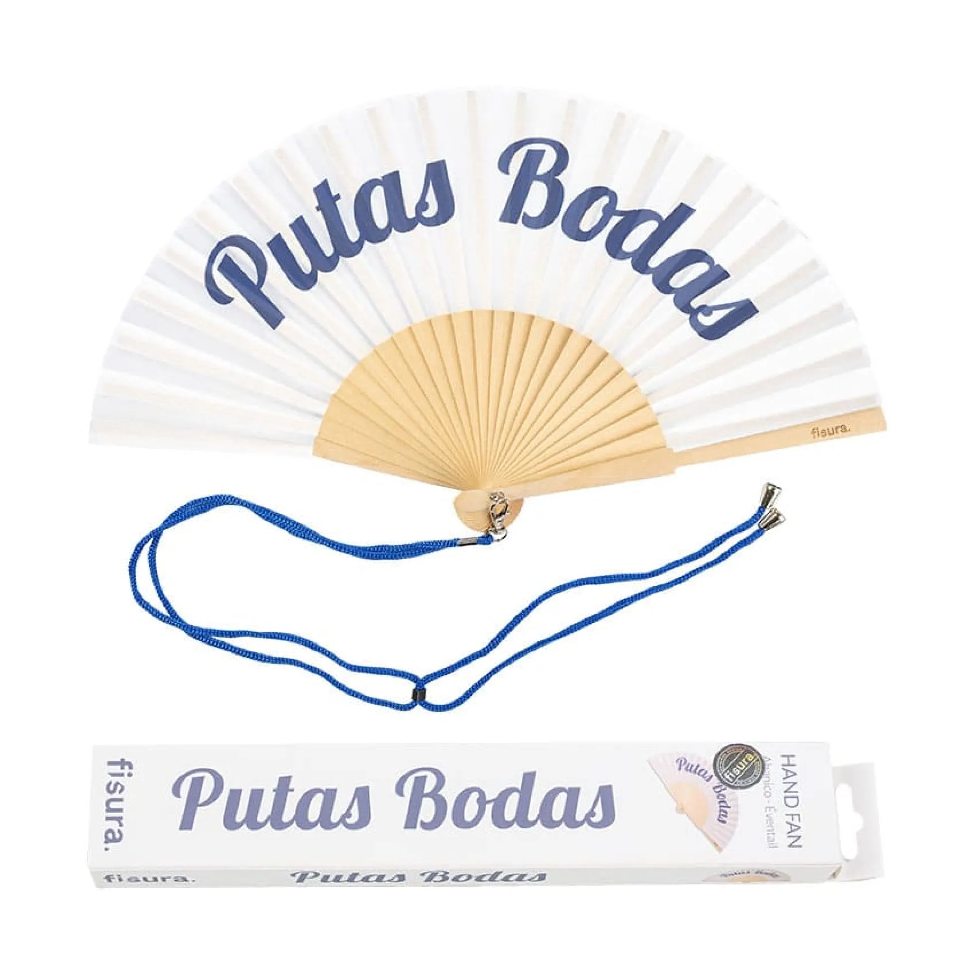 Abanico "Putas bodas" blanco y azul