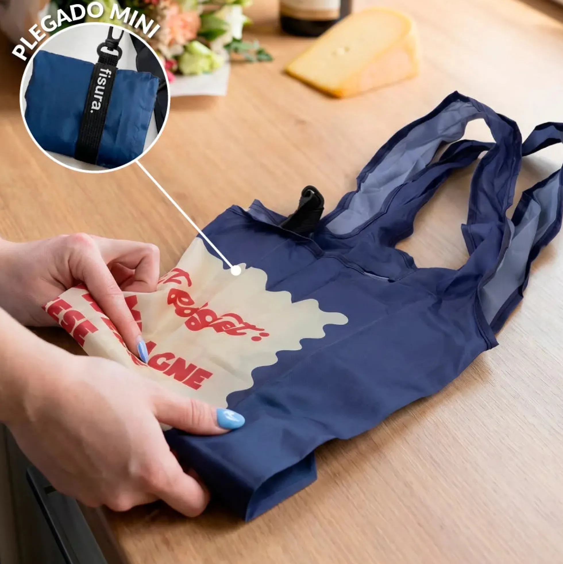 Bolsa compra plegable "Don’t forget champagne, flowers, cheese”