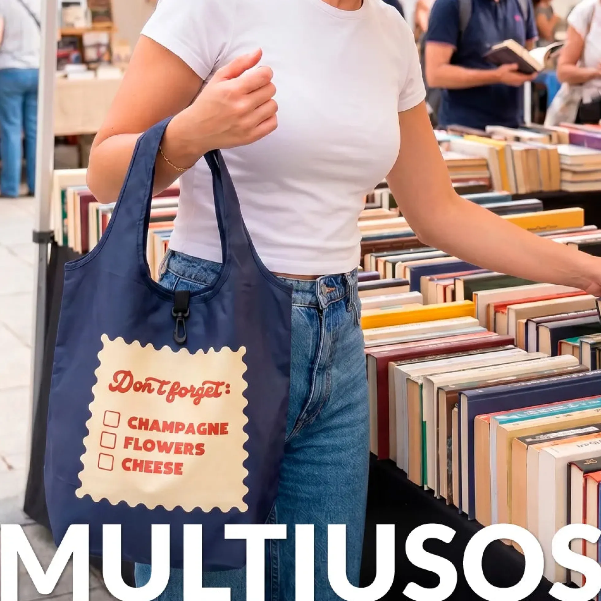 Bolsa compra plegable "Don’t forget champagne, flowers, cheese”