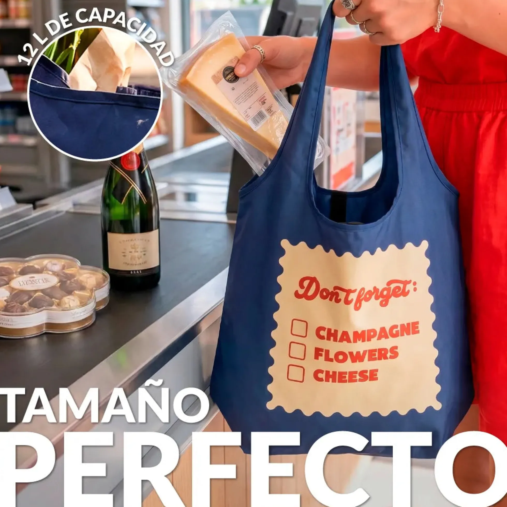 Bolsa compra plegable "Don’t forget champagne, flowers, cheese”