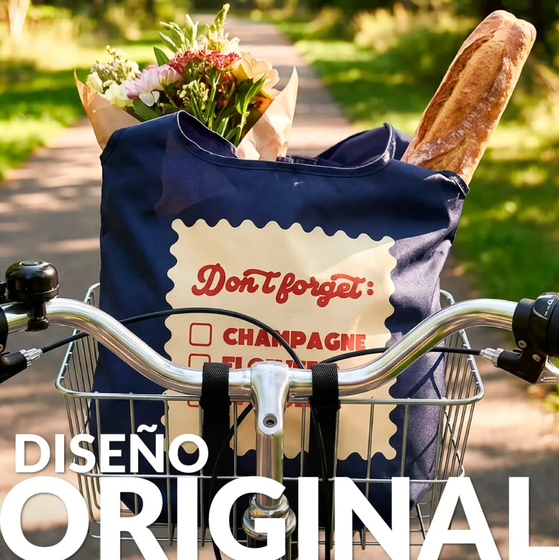 Bolsa compra plegable "Don’t forget champagne, flowers, cheese”