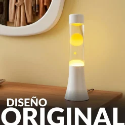 Lámpara de lava amarilla de 30 cm con base blanca y líquido transparente