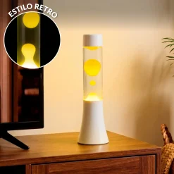 Lámpara de lava amarilla de 30 cm con base blanca y líquido transparente