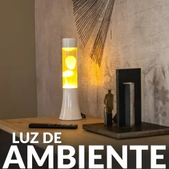 Lámpara de lava amarilla de 30 cm con base blanca y líquido transparente