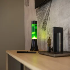 Lámpara de lava amarilla de 30 cm con base negra y líquido verde