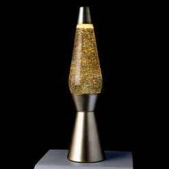 Lámpara de Lava 'Bullet' con base oro mate, líquido transparente y lava purpurina oro
