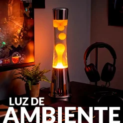 Lámpara de Lava con base cromo, líquido transparente y lava naranja
