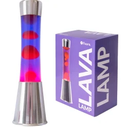Lámpara de Lava con base cromo, líquido morado y lava roja