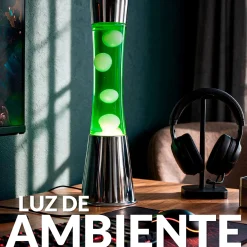 Lámpara de Lava con base cromo, líquido amarillo y lava verde