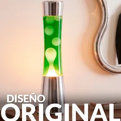 Lámpara de Lava con base cromo, líquido amarillo y lava verde