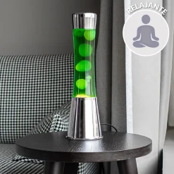 Lámpara de Lava con base cromo, líquido amarillo y lava verde