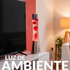 Lámpara de Lava con base cromo, líquido transparente y lava roja