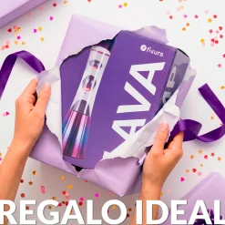 Lámpara de Lava con base iridiscente, líquido transparente y lava metálica morada
