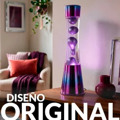Lámpara de Lava con base iridiscente, líquido transparente y lava metálica morada
