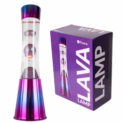 Lámpara de Lava con base iridiscente, líquido transparente y lava metálica morada