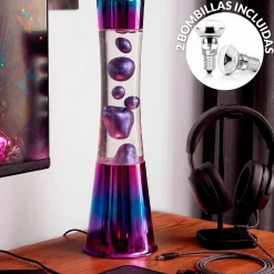 Lámpara de Lava con base iridiscente, líquido transparente y lava metálica morada