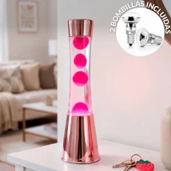 Lámpara de Lava con base oro rosa, líquido transparente y lava magenta