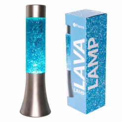 Lámpara de lava glitter de 30 cm con base plateada y líquido azul