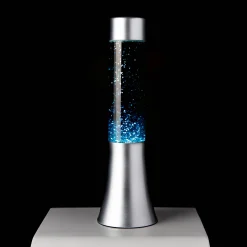 Lámpara de lava glitter de 30 cm con base plateada y líquido azul