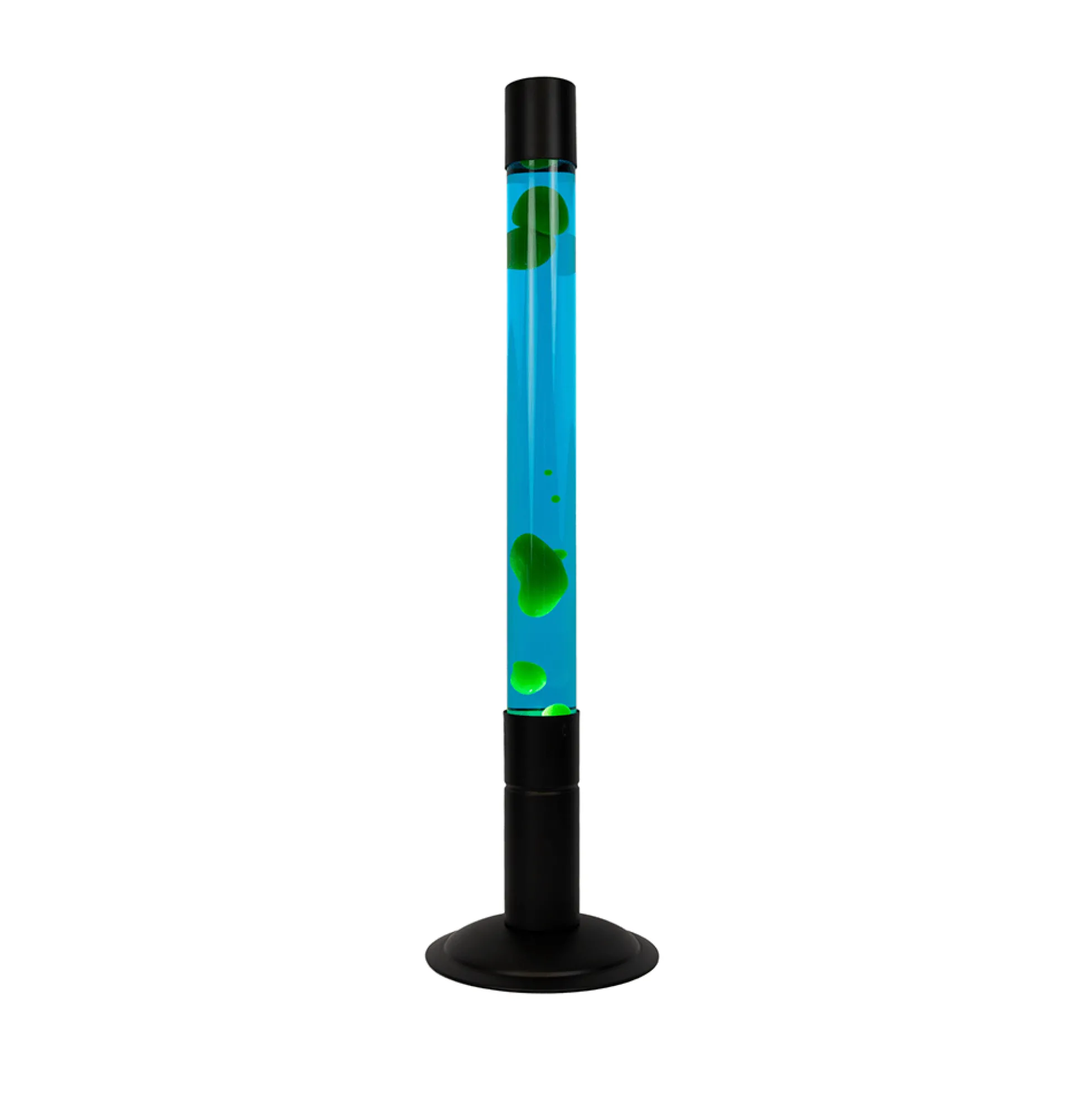 Lámpara de lava grande verde con base negra y líquido azul