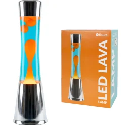 Lámpara de lava LED con base cromo, líquido azul y lava naranja