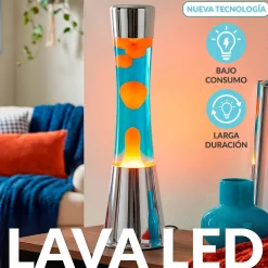 Lámpara de lava LED con base cromo, líquido azul y lava naranja