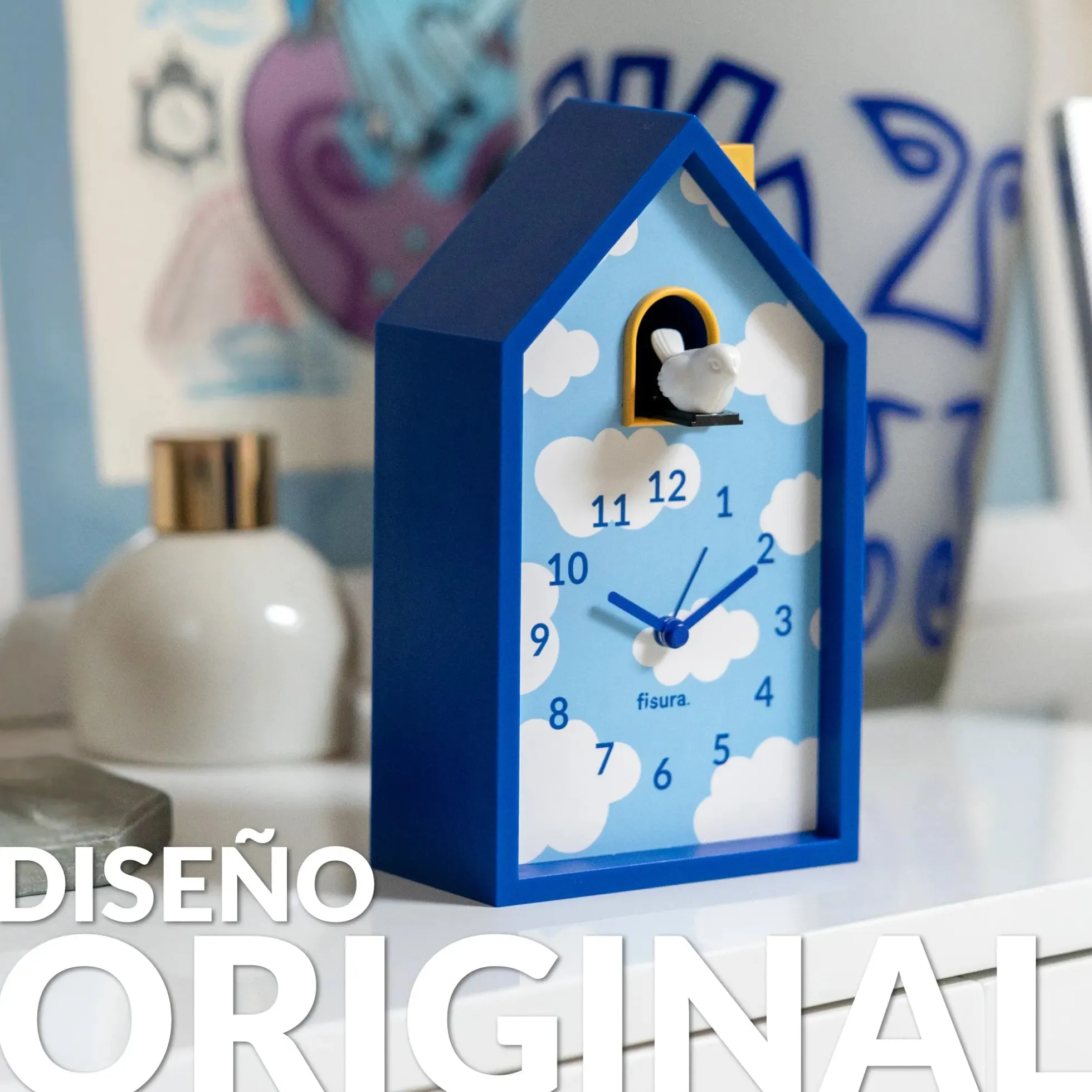 Reloj despertador cuco casita nubes