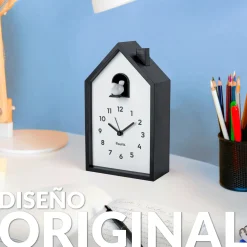Reloj despertador cuco casita blanco y negro