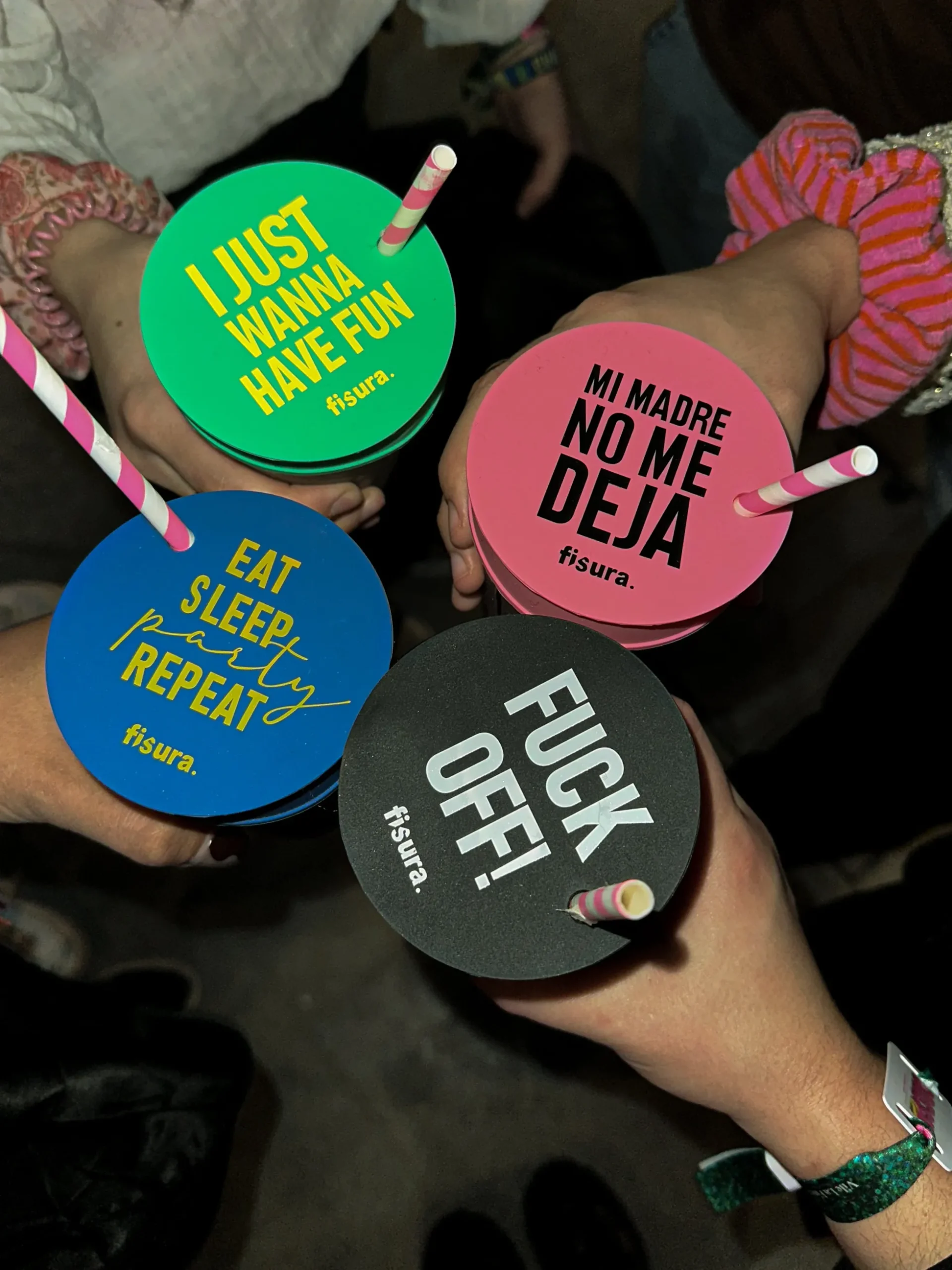 Tapa vasos antidroga “Eat, Sleep, Party, Repeat” 3 unidades
