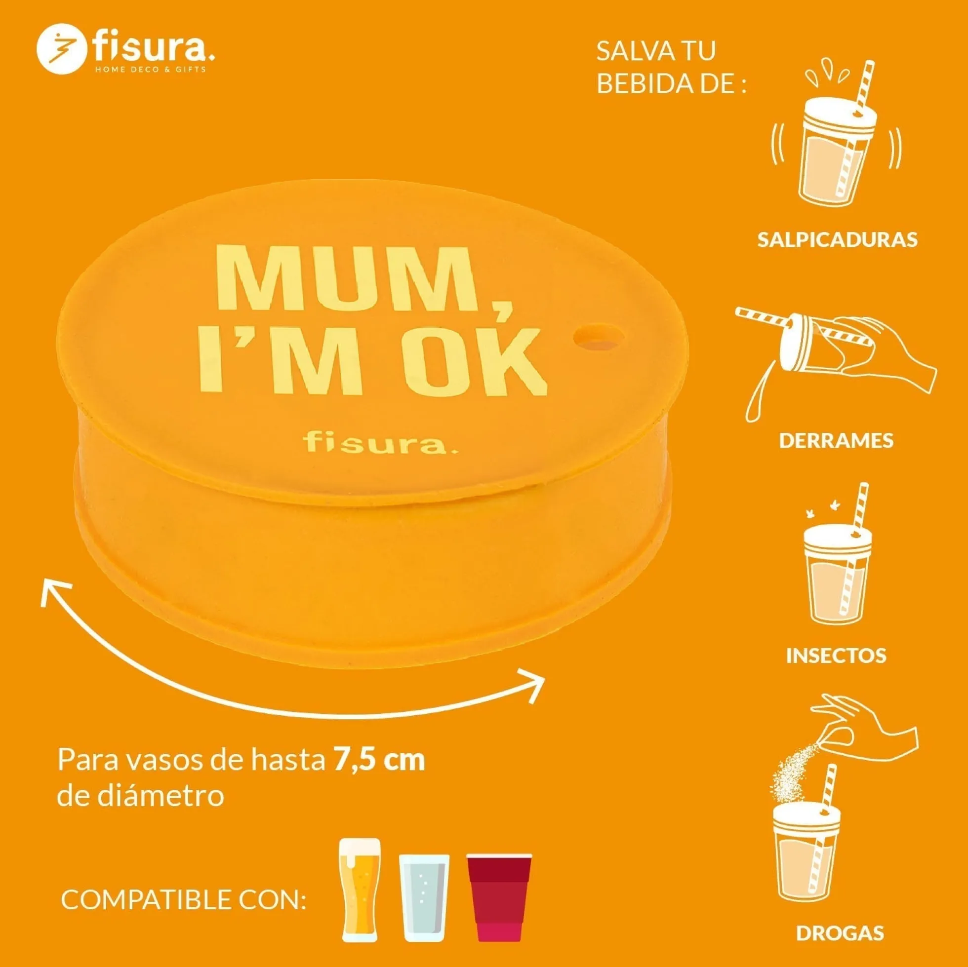 Tapa vasos antidroga “Mum I'm ok” 5 unidades