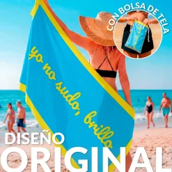 Toalla playa "yo no sudo, brillo" azul y amarillo