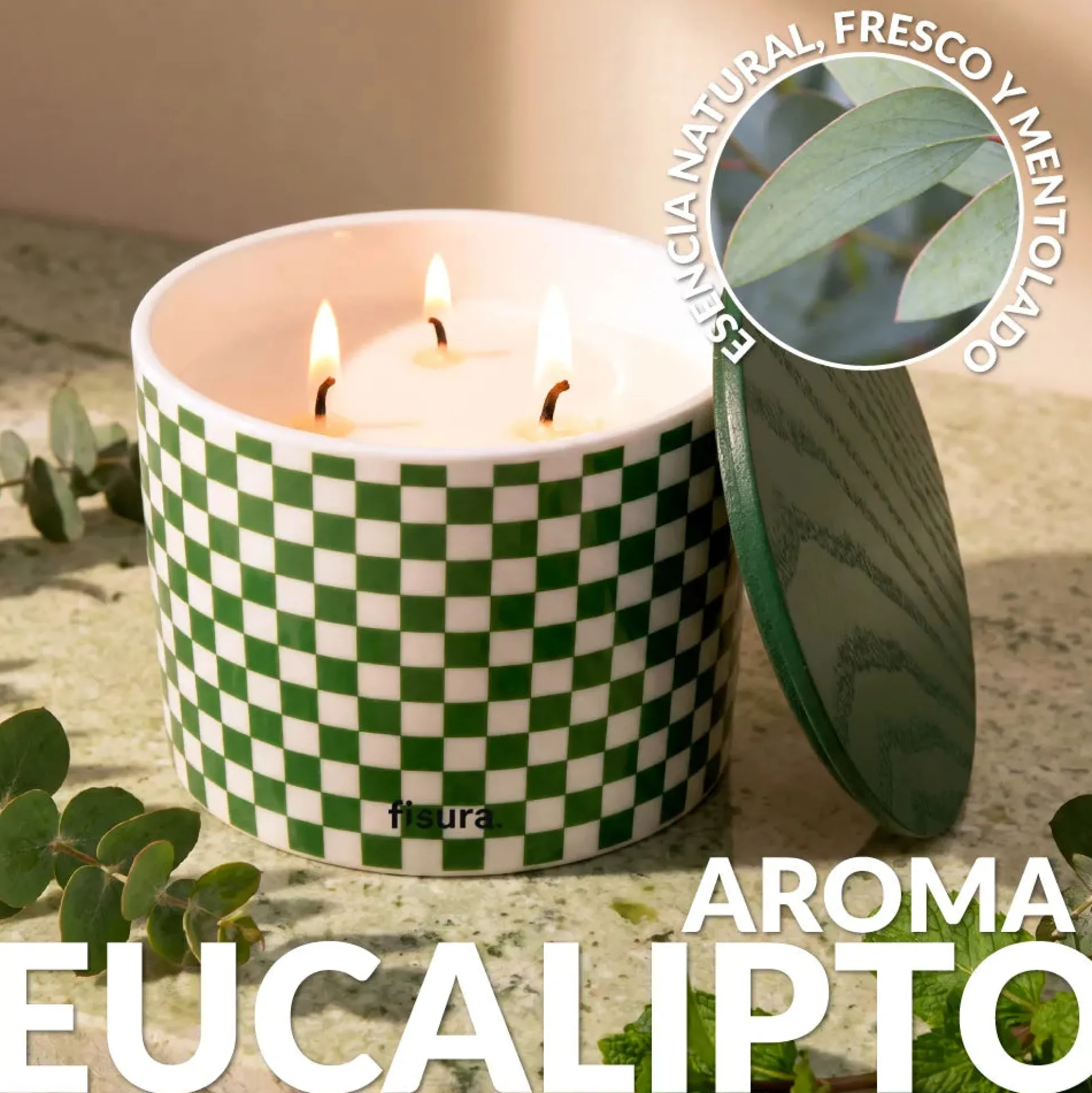 Vela de cerámica con tapa “Cuadros” – eucalipto